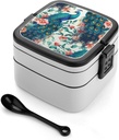 All-in-One Bento Box Stackable Leak-Proof Lunch Box With Carry Handle 2 Layer Portable Meal Prep Container Beautiful Peacock Flowers Lunchbox with Utensils for Dining Out Work, Black
