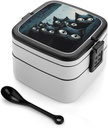 Cat Eyes Drawing Bento Box with Compartments Double Layer Bento Lunch Box with Spoon And Handle All-in-One Adult Lunchbox Leakproof Lunch Container for Work Picnic Travel