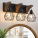 Farmhouse Bathroom Light Fixtures, 3 Light Bathroom Vanity Light, Black Rustic Wood Vanity Lights Wall Sconces with Elegant Metal Lampshade for Living Room, Bedroom, Hallway (Retro Black, 3-Light)