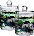 Acrylic Plastic Clear Jar with Lid, Watercolor Green Monster Truck Airtight Storage Jar 2 Pack Kitchen Storage Containers for Cookie Snack Candy