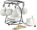 LYEOBOH Espresso Cups with Saucers Set, Porcelain Coffee Cups and Metal Stand and Spoons, Small Demitasse Cups for Espresso, Latte, Cafe Mocha, Cappuccino, and Tea, 3 OZ, Set of 6, White