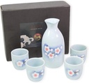 Light Blue White Flower Japanese Porcelain Sake Set with 4 Cups 1 Decanter/Bottle/Carafe