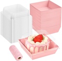 50 Pack Small Pink Paper Charcuterie Boxes with Clear Lids, 4 Inches Disposable Sandwich Boxes Square To Go Food Containers for Desserts, Strawberries, Cake Slice and Cookies