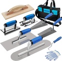 10PCS Concrete Trowel Set, Masonry Hand Tool Set Includes Large Flat Finishing and Pool Trowel, Wood Float, Concrete Edger and Groover, Margin Gauging, Wire Twister, Gloves & Carry Bag