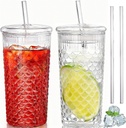 2 Pack Fish Scale Glass Cup With Lids and Straws, 22 OZ High Borosilicate Iced Coffee Tumbler, Embossed Glass Travel Mug for Smoothie Bubble Tea Juice Milk Water
