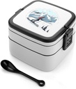 Bento Lunch Box for Women Lunch Containers for Adults Skiing Theme Double Layered Lunchbox Large Capacity Bento Box with Cutlery for Work Picnic Camping Travel