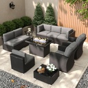 Patio Furniture Set with Fire Pit Table, 11 Pieces Outdoor All-Weather Wicker Conversation Sectional Chair Sofa Set with 2 Swivel Chairs