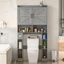 Over The Toilet Storage Cabinet, Farmhouse Toilet Cabinet Rack with Barn Doors, Space Saving Bathroom Organizer with Shelves, Toilet Paper Holder and Towel Rack for Bathroom,Restroom,Laundry,Wash Grey