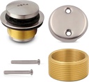 Tip-Toe Bathtub Drain Trim Kit with Two-Hole Overflow Faceplate – All Brass Tub Drain Stopper Replacement – Fits Fine or Coarse Thread Drain Shoe – Universal Tub Drain Assembly