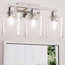 Bathroom Lighting Fixtures Over Mirror Brushed Nickel, Rustproof 3-Light Vanity Lights for Bathroom, 18Inches Modern Wall Sconces E26 Base, Transparent Clear Glass Shades, Bulbs Not Included