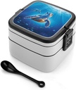Stackable Double-Layer Bento Box Turtle in Blue Water Adults Lunchbox With Spoon Cute Japanese Bento Box Dishwasher Safe for Work Travel Dining Outc