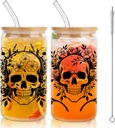 Halloween Drinking Party Glass Cups with Lids and Straws - Skull Tumbler, Iced Coffee Cups for Halloween Party Favors,Trick-or-Treat Gifts