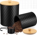 2 Pcs Black Coffee Canister Set for Kitchen Countertop Bar Flour Sugar Tea Storage Container Farmhouse Metal Spice Jar with Airtight Bamboo Lid Spoon & Labels Housewarming Gift (2 Sizes)