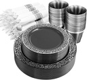 NOCCUR 210PCS Black and Silver Dinnerware Set for 30 Guests - Black Plastic Plates with Silver Rim Include 30 Dinner / 30 Dessert Plates, 30 Prewrapped Silverware, 30 Cups Ideal for Party, Halloween