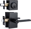 Matte Black Entry Door Handle Set - Modern Rectangular Lever with Single Cylinder Deadbolt, Reversible for Right & Left Handed Doors, Heavy Duty Front Door Lock for Home Office Security