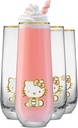 JoyJolt Hello Kitty Stay Gold Stemless Flutes, 9.4oz Drinking Glasses Set of 4, Sanrio Highball Glasses, Kawaii Hello Kitty Kitchen Glass Set Ideal for Water Juice Smoothies, Skinny Tall Glasses