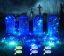 4 Pcs 16.2" Halloween Tombstones Decoration with 2 Green Fairy Lights(3 Modes) & 4 Blue Lights(3 Modes), Plastic RIP Grave Yard Signs with 8 Stakes for Grave, Outdoor Garden, Party Decor