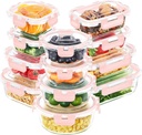 Skroam 12 Pack Glass Food Storage Containers with Lids, Meal Prep, Pantry Kitchen Storage Containers for Lunch, Leak Proof, Airtight Glass Lunch Bento Boxes for Microwave, Oven, Freezer, Pink