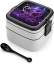 Adult Double-Layer Bento Box Fashional Purple Hearts Portable Lunch Box with Spoon And Invisible Handle Leakproof Microwave-Safe Food Container for Work Travel Camping