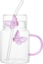 500ML Glass Cups with Lids and Straws, Butterfly Decoration Drinking Glasses Set for Iced Tea, Coffee, Juice, Smoothies (Pink)