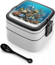 Bento Box Stackable Lunch Box with 2 Compartments Leak-Proof Food Storage Containers 3D Ocean Fish Bento Lunch Box for Adults Lunch Containers with Utensil Set