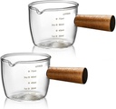 Single Spout Espresso Coffee Shot Glass with Wood Handle Measuring Cup Triple Pitcher Milk Cup Coffee Replacement Carafe for Barista Milk Espresso Making, 75 ml (2 Pieces)