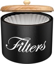 Wooden Coffee Filter Holder with Lid - Round Storage Container for Counter - Rustic Farmhouse Coffee Bar Accessories (Black)