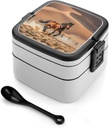 Stackable Double-Layer Bento Box Horses Running in Desert Storm Adults Lunchbox With Spoon Cute Japanese Bento Box Dishwasher Safe for Work Travel Dining Outc
