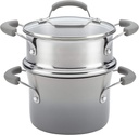 Rachael Ray Brights Sauce Pot/Saucepot with Steamer Insert, 3 Quart, Two-Tone Sea Salt Gray
