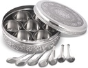 Designer Spice Container Masala Dabba, 7 Spice Jars, Holds 7 Spices, Spice Container Box, Polished Stainless Steel with 7 Serving Spoons, Indian Masala Dabba with Lid, 8 Inch