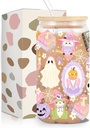 Halloween Witchy Iced Coffee Cup, Cute Ghost Glass Tumbler, 16 oz Spooky Coffee Glass Cup with Lid Straw, Boo Basket Stuffers, Halloween Spooky Gifts for Women Teen