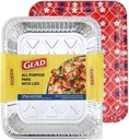 Glad Disposable Aluminum All Purpose Pans in Red, White & Blue Stars, 3ct with Lids - Printed Colorful Foil Steam Pans - 12.5” x 10.2” x 2.16” Aluminum Pan - Disposable Steamware
