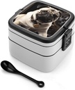 Cool Pug Dog Bento Box - Double Layer, Leakproof Food Containers with Partition & Spoon, Stackable Lunch Box for Office, Travel, Camping