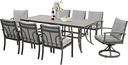 HAPPATIO 9-Piece Patio Outdoor Dining Set - All Aluminum Patio Table and Chairs Set for 8 Includes 1 Rectangular Dining Table, 6 Dining Chairs, and 2 Swivel Chairs with Cushions for Lawn, Deck