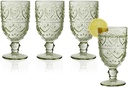 QUALIA Tuscany Green Vintage Goblet Glasses Set of 4, 13 oz Green Drinking Glasses with Embossed Flower & Heart, Lead-Free Colored Wine Glasses Vintage Goblets, Housewarming Gifts For Her Table Art