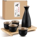 Skyley Japanese Sake Set with Tray Traditional Saki Cups Set Korean Soju Glass Ceramic Japanese Gifts for Cold Wine Holiday Christmas Gifts(Black,Solid Black)