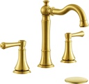 Brushed Gold Faucet Bathroom 8 inch Widespread for 3 Holes with Plastic Pop-Up Drain, Classical 2-Handle Gold Bathroom Vanity Sink Faucets, High Arc 360° Brass Swivel Spout