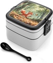 Little Fox in The Forest Bento Box Double Layer Lunch Box for Adults with Spoon And Handle Bento Boxes Leakproof One-piece Stackable Lunchbox for Work Picnics And Travel