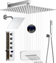 Luxury Rainfall Shower System Temperature Display Chrome Full Body Shower System With Waterfall Tub Spout 12 & 8 Inch Dual Shower Head System with Brass Handheld Shower