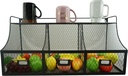 3 Compartment Metal Storage Basket Wall Mount Large Kitchen Hanging Iron Organizer Fresh Vegetable Produce Rack Heavy Duty Mounted Veggie Holder Chicken Wire Bin Black